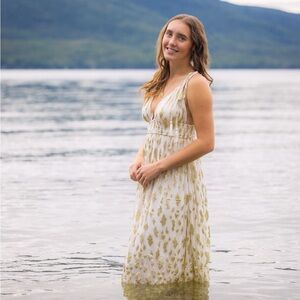 White and Gold Sleeveless Maxi Dress